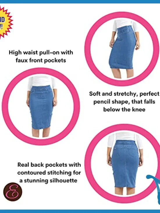 High Waisted Pull-On Knee Length Stretch Denim Jean Skirt Size Siena - Picture 4 of 7